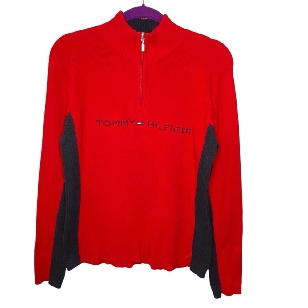 Tommy Hilfiger XL Red & Blue 1/4 Zip Pullover Embroidered Logo Pullover Sweater